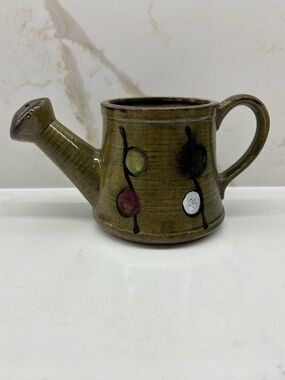 Vintage Ceramic Olive Green with Circular Design Watering Can Planter Japan